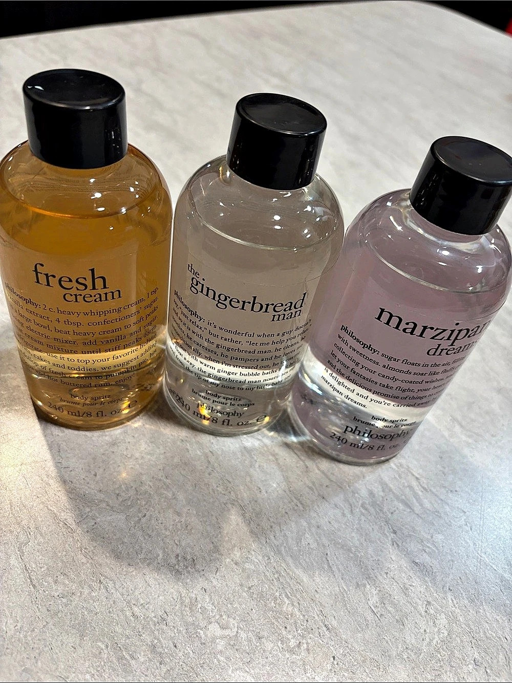 Philosophy Fresh Cream, The Gingerbread Man, and Marzipan Dreams Body Spritz